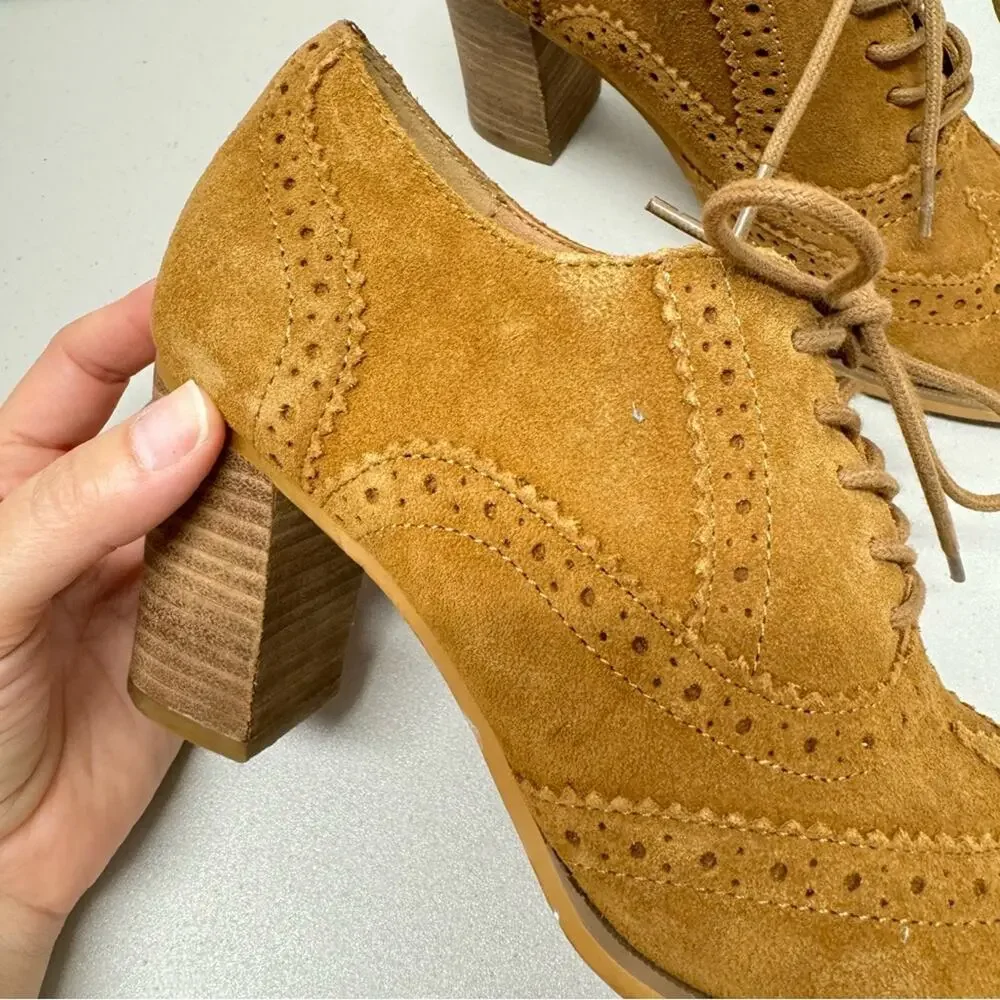 Steve Madden Tan Leather Oxford Lace Up Boots Women’s 6.5 Stacked Heel Booties